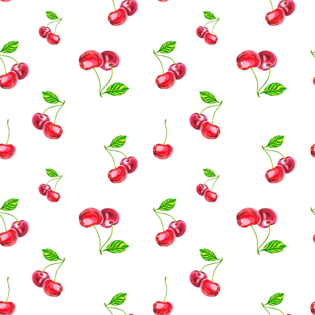 A pattern of cherries on a white background Watercolor illustration Cherry