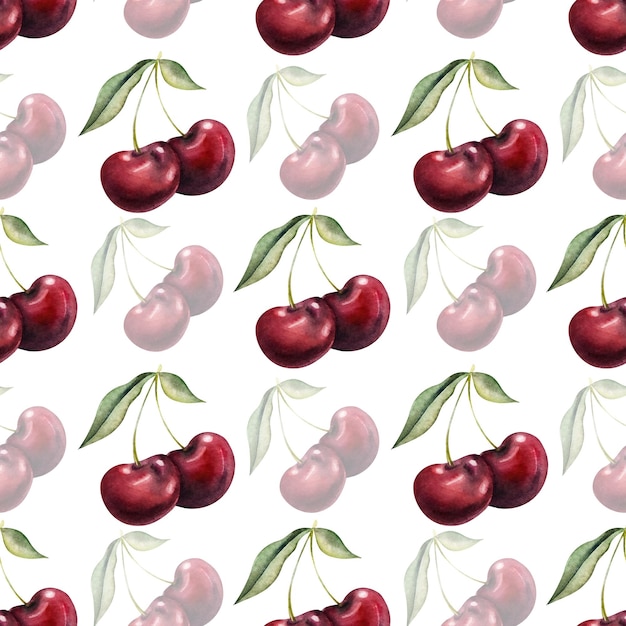 Photo a pattern of cherries with a green leaf on the bottom