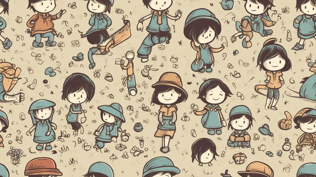 A pattern of children playing and wearing blue dresses and hats.