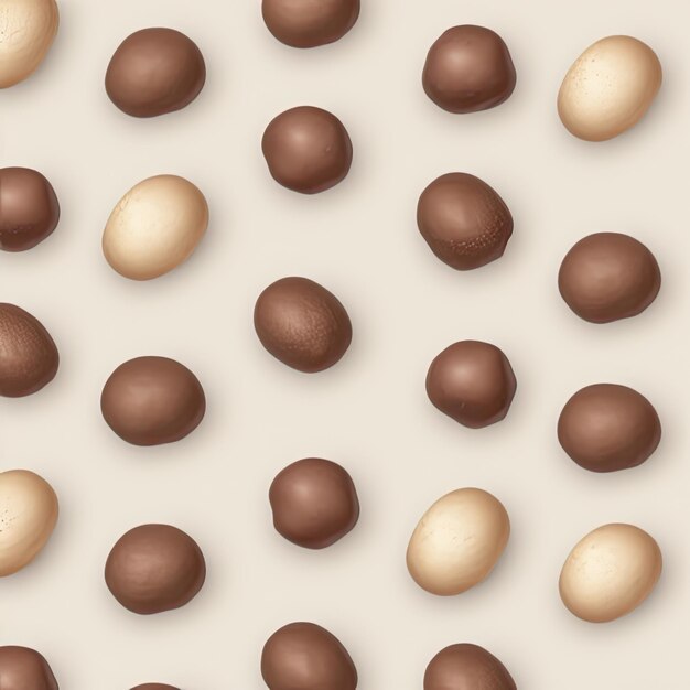 A pattern of chocolate eggs with the word chocolate on the top