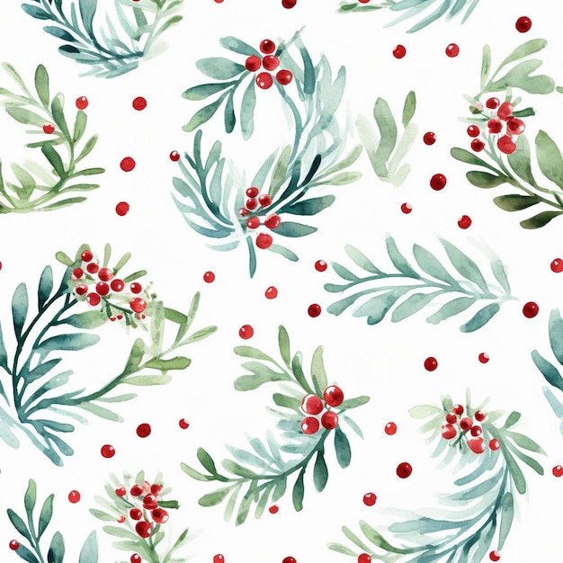 A pattern of christmas leaves and berries with a red berries.