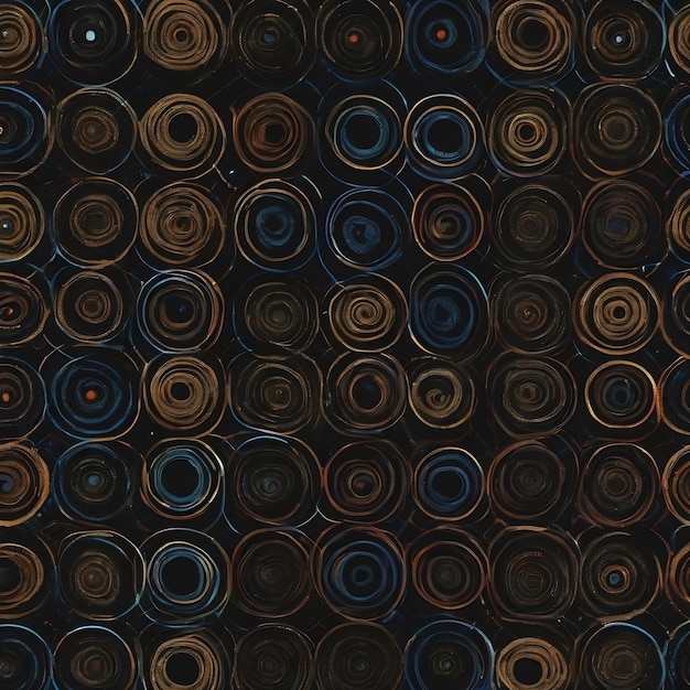 A pattern of circles and dots on a black background