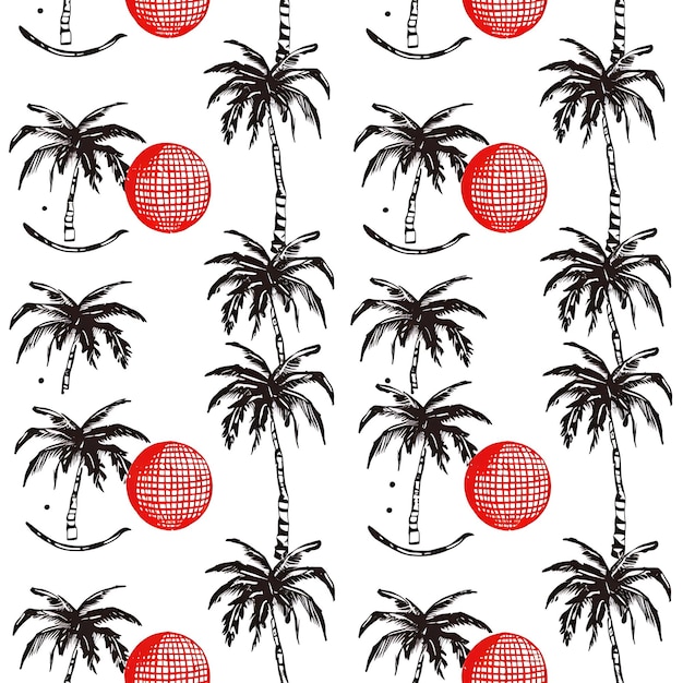 Pattern Coconut With Palm Tree Outlines and Minimalistic Design With Tile Seamless Art Tattoo Ink