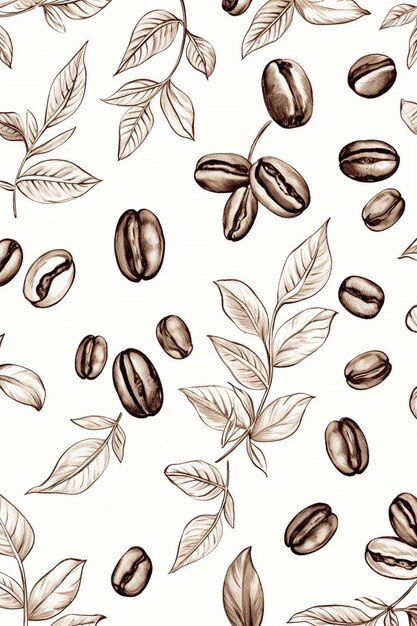 Photo a pattern of coffee beans and leaves on a white background