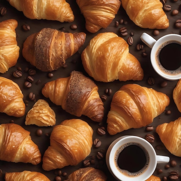 Pattern of coffee and croissants for breakfast