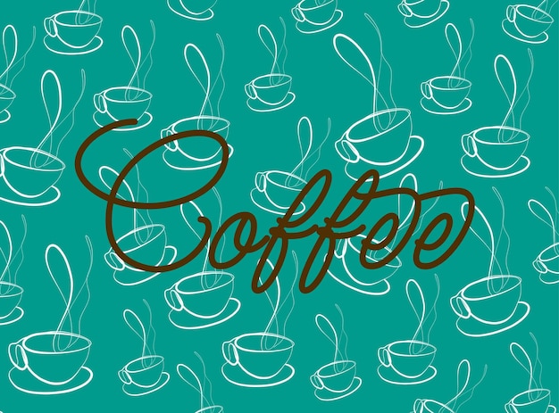 Pattern of coffee cups with continuous line on turquoise background and brown coffee lettering