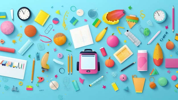 a pattern of colorful geometric shapes resembling school supplies