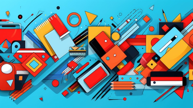 a pattern of colorful geometric shapes resembling school supplies