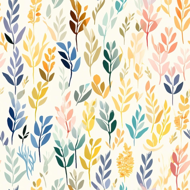 A pattern of colorful leaves on a white background created with Generative AI technology