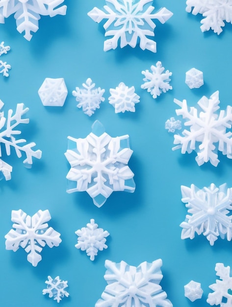 Pattern composition of white snowflakes on pastel blue