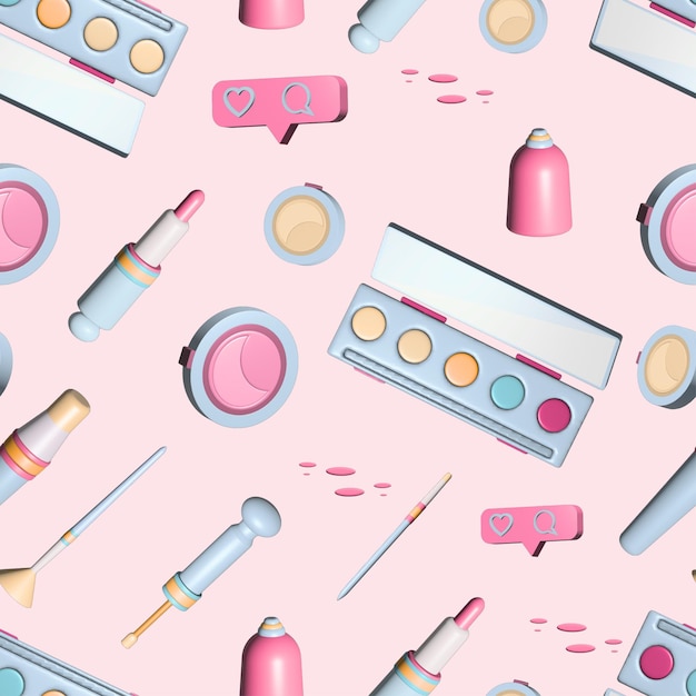 Photo pattern of cosmetics products on pink background colorfull 3d illustration