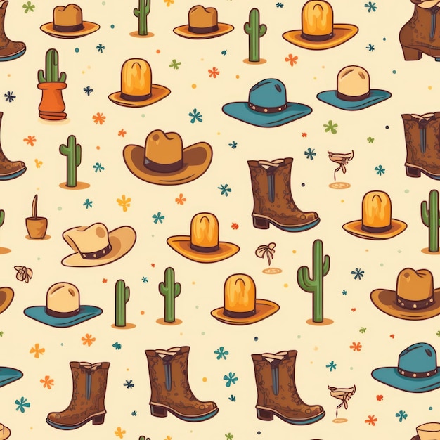 Photo a pattern of cowboy hats and boots imaginary illustration seamless cowboy pattern