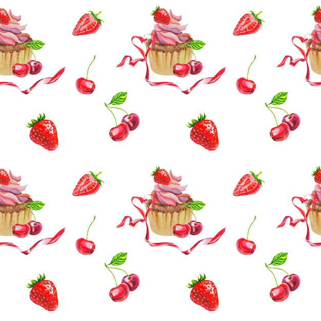 Photo a pattern of cupcakes cherries and strawberries delicious collage watercolor illustration sweets