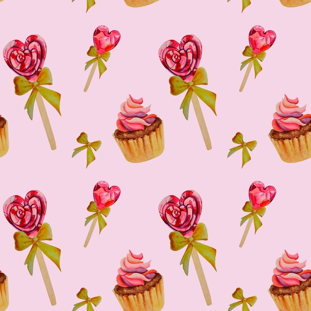 핑크 배경 발렌타인 데이 과자에 컵 케이크와 막대 사탕의 패턴