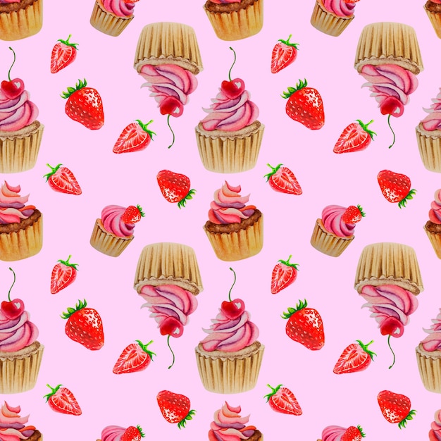 컵 케이크와 딸기 패턴 딸기와 케이크 수채화 일러스트 콜라주 발렌타인 데이 휴일