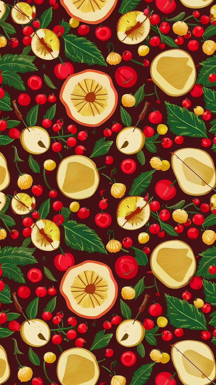 Photo pattern of cut fruit and berries