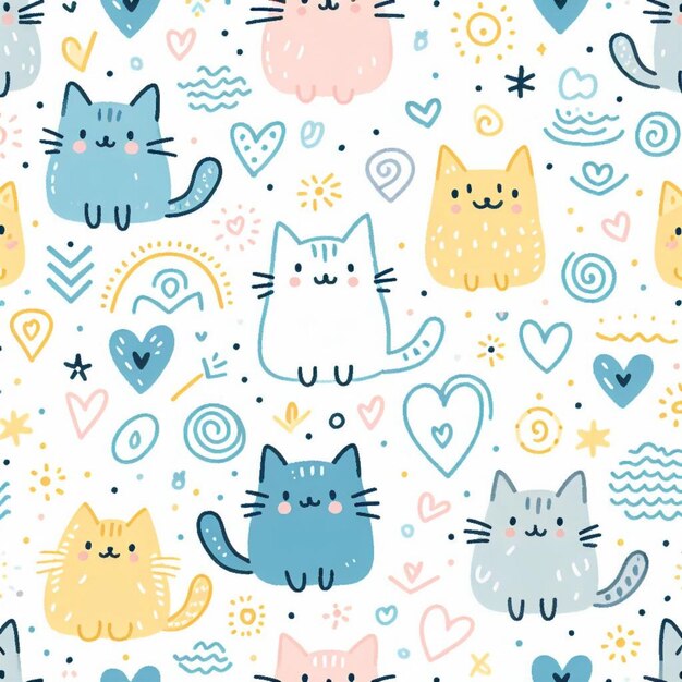 рисунок милых кошек и сердец