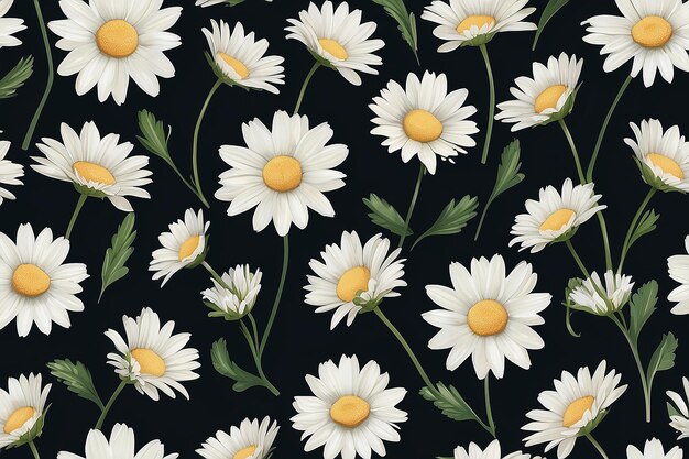 A pattern of daisies with a green stem on a dark background