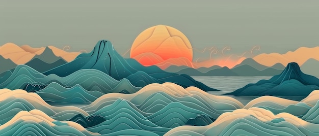 На рисунке изображен японский пейзаж с геометрическими линиями и абстрактными формами. На заднем плане - силуэт горы и моря на закате.