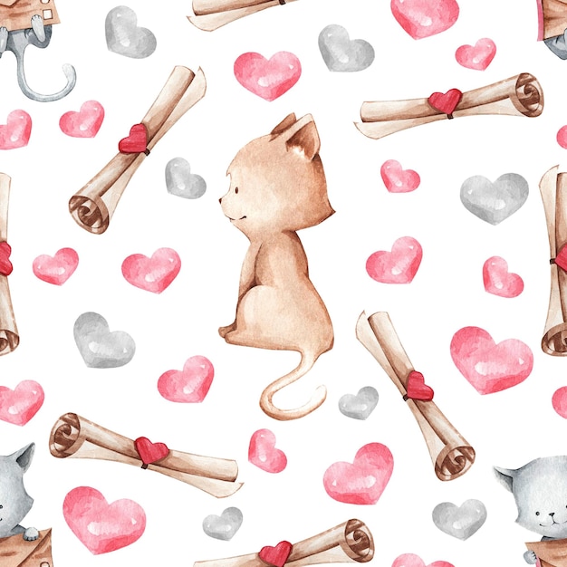 Pattern for the design of children's clothing and blankets. A cute illustration of cats and hearts Suitable for decorating gifts on Valentine's Day.