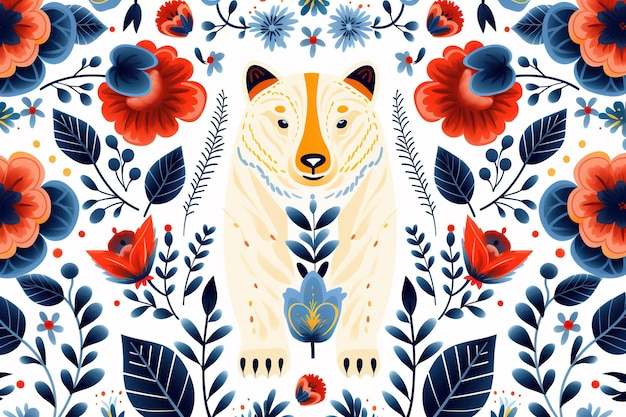 Pattern design using bear and flowers and leaves Wildlife Animals Illustration Generative AI