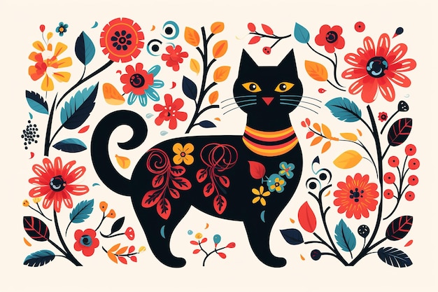 黒猫と花と葉っぱを使ったパターンデザイン ペット・動物イラスト 生成AI