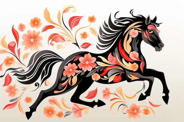 黒い馬と花と葉を使ったパターンデザイン 野生動物 動物 イラスト 生成AI