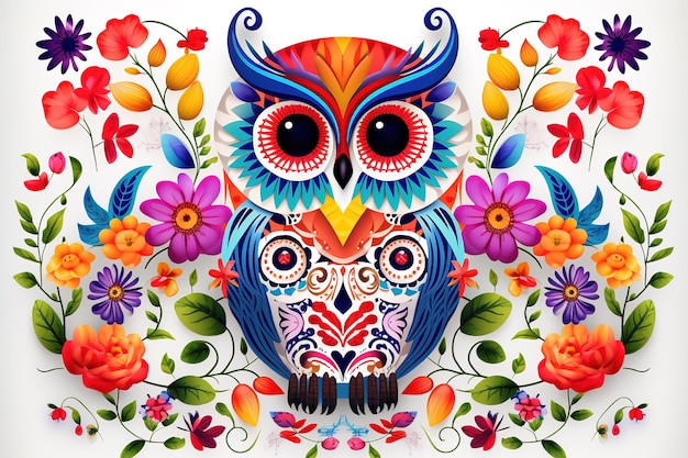 Pattern design using an owl and flowers and leaves Wildlife Animals Bird Illustration Generative AI