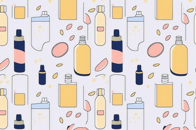 A pattern of different bottles of soap and other things.