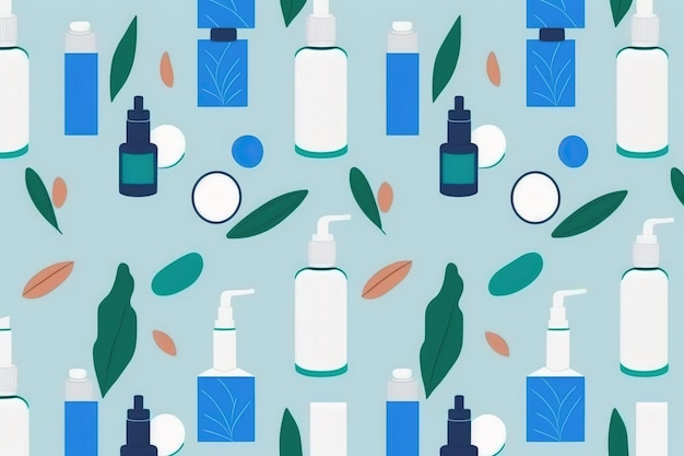 A pattern of different bottles of soap and shampoo.
