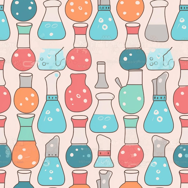 A pattern of different colored chemistry flasks.