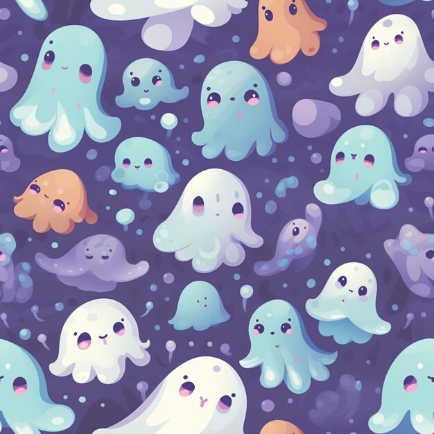 A pattern of different colored ghosts with different eyes and a purple background.