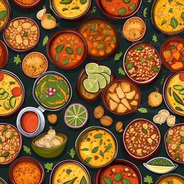 A pattern of different dishes including a bowl of food.