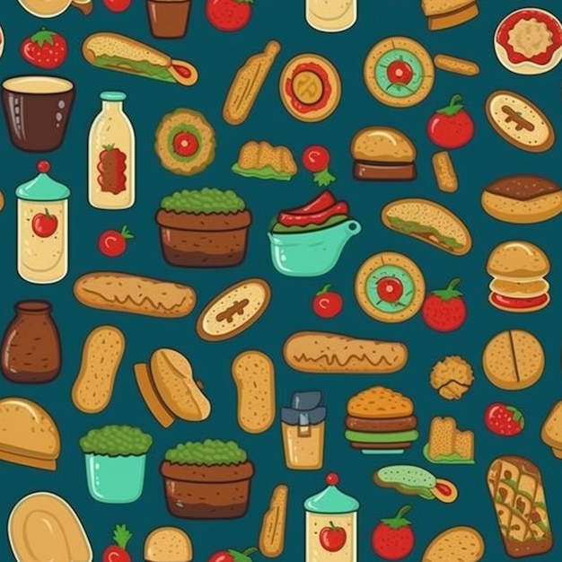 A pattern of different foods including a sandwich, a sandwich, a sandwich, and a bottle of ketchup.