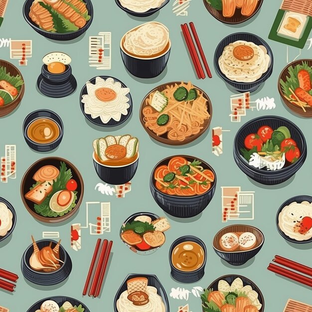 A pattern of different foods including a variety of food.