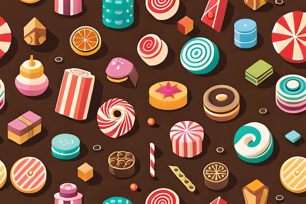 A pattern of different sweets including a candy bar, a candy bar, a candy bar, and a candy bar.