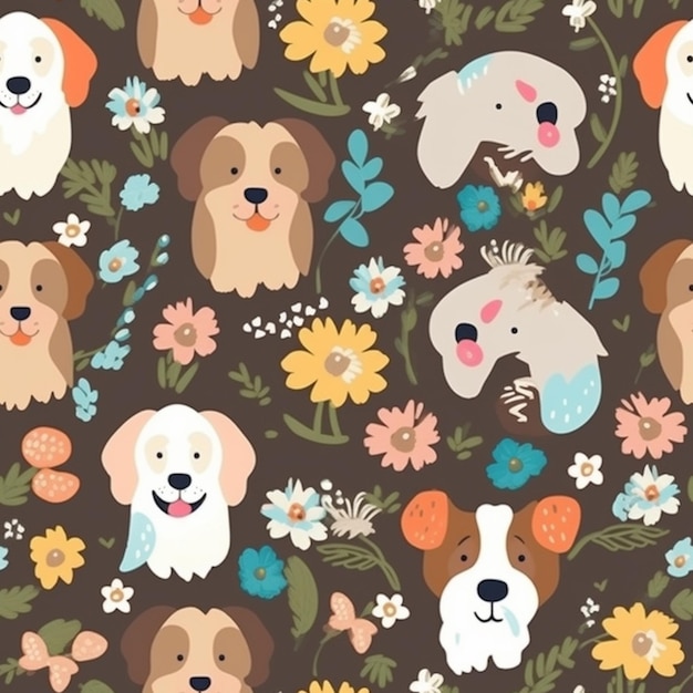 개 패턴과 꽃 배경을 가진 개.