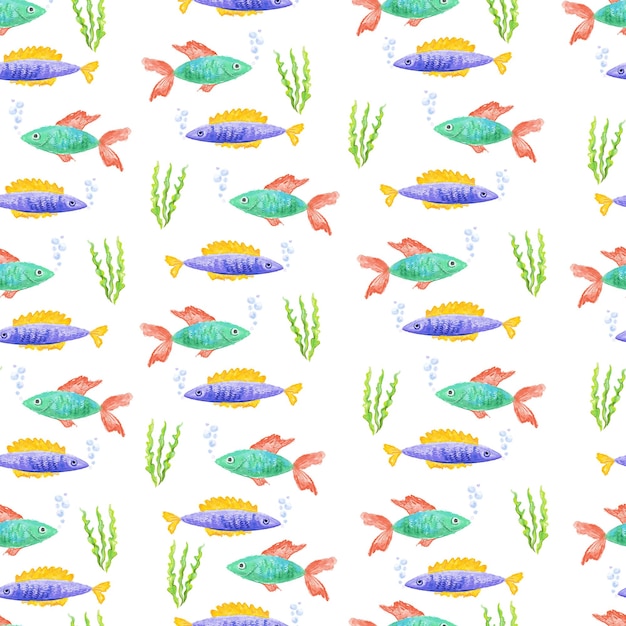 A pattern of fish and seaweed on a white background