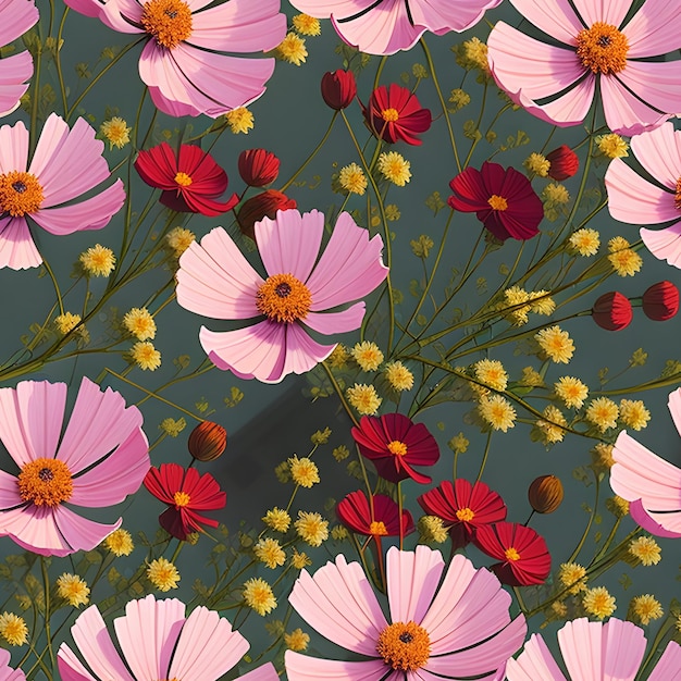 A pattern of flowers and a bunch of daisies.