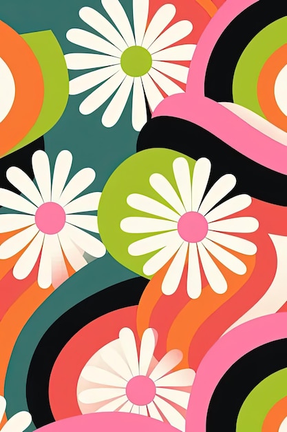 A pattern of flowers and circles on a green pink orange and black