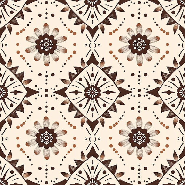 a pattern of flowers and leaves on a brown background