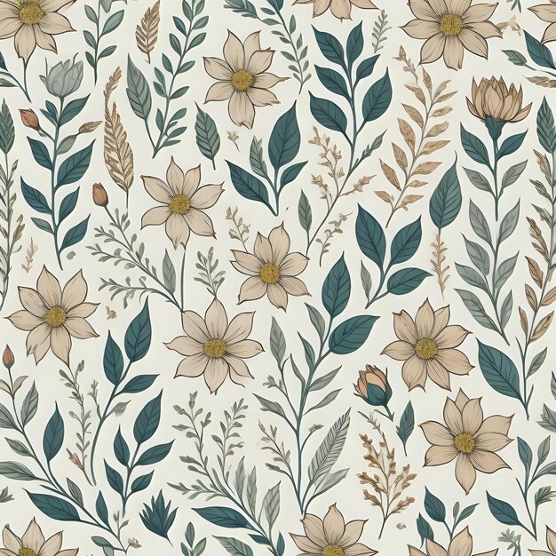 a pattern of flowers and leaves on a white background