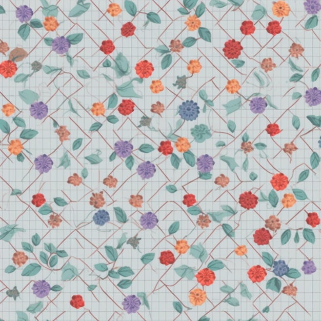 A pattern of flowers on a notebook with a red and green leaves.