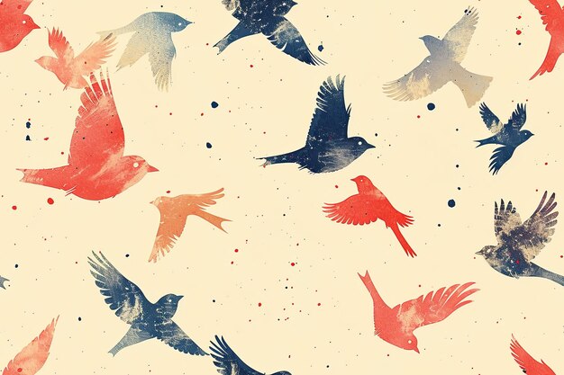 Photo pattern of flying birds in blue red and orange silhouettes on a cream background