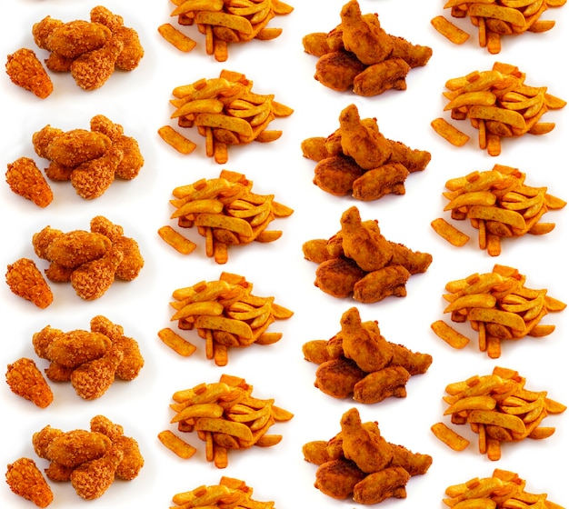 Pattern of french potatoes and fried chicken on a white background