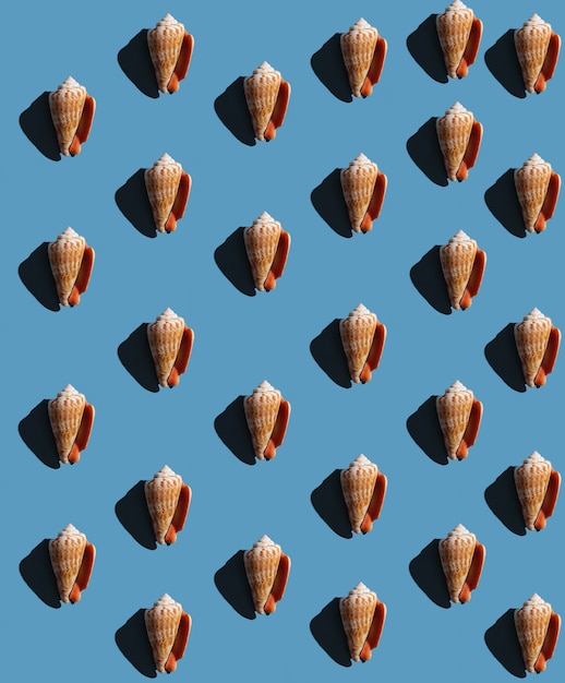 Pattern from seashells with hard shadow on a blue background, top view.