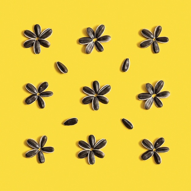 Pattern fron black sunflower seeds inscribed in square on yellow background Raw whole grains