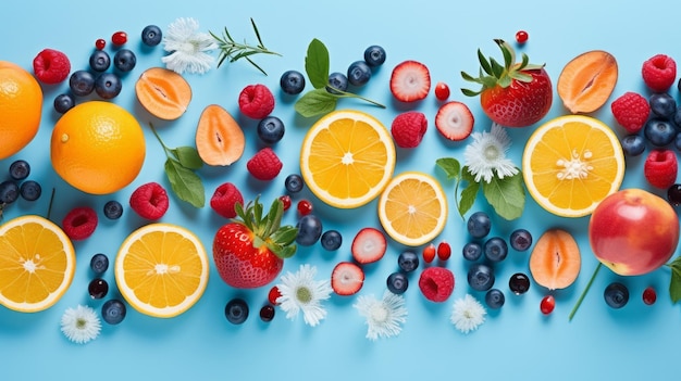 Pattern of fruits and berries on a blue background Flat design Fresh fruits