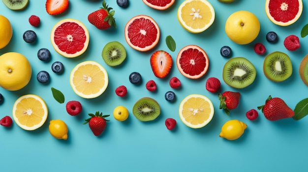 Pattern of fruits and berries on a blue background Flat design Fresh fruits