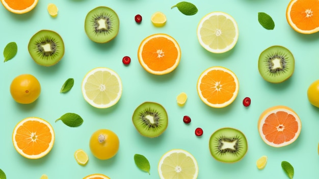 Pattern of fruits and berries on a green background Flat design Fresh fruits